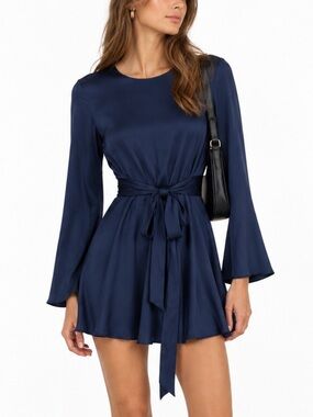 Bardo Collective Fiore Dress Silk Satin Navy Blue Skater Preppy Nautical Mini S